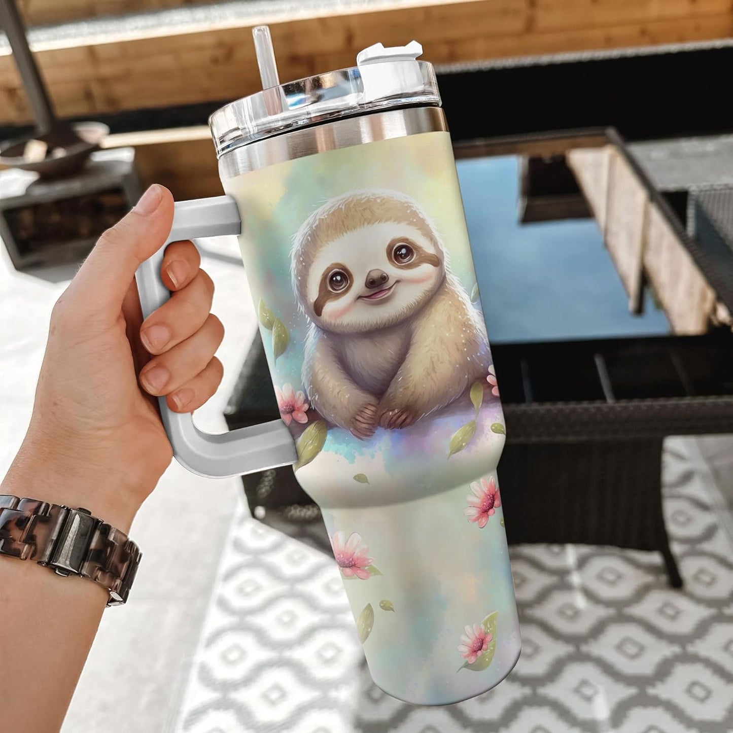 Cute Sloth Tumbler 40oz with Handle & Straw – Personalized Stainless Steel Travel Cup with Lid – Adorable Gift for Animal Lovers