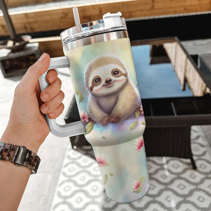Cute Sloth Tumbler 40oz with Handle & Straw – Personalized Stainless Steel Travel Cup with Lid – Adorable Gift for Animal Lovers