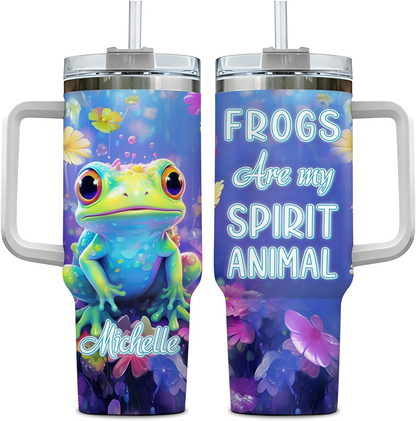 Colorful Frog Tumbler 40oz with Handle & Straw – Personalized Stainless Steel Cup with Lid – Cute Animal Lover Gift for Women & Kids