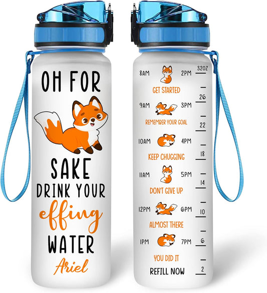Funny Fox Theme Water Bottle Tracker 32oz – Personalized Motivational Bottle with Time Marker – Creative Gift for Fox Lovers