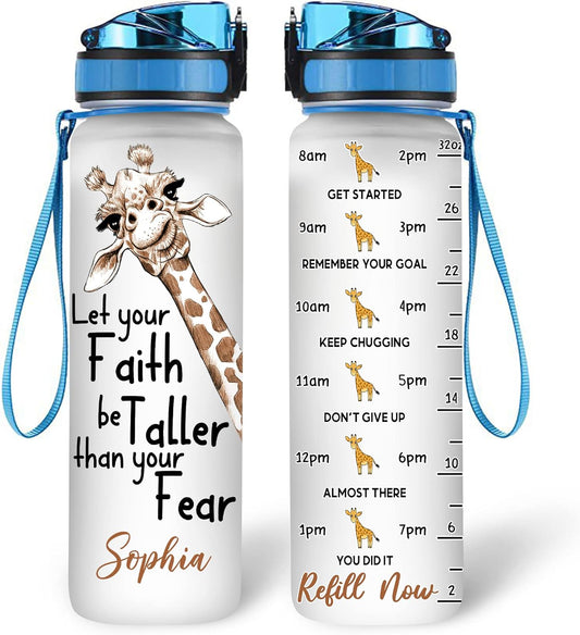 Giraffe Faith Inspiration Water Bottle Tracker 32oz – Personalized Motivational Bottle with Time Marker – Uplifting Gift for Women