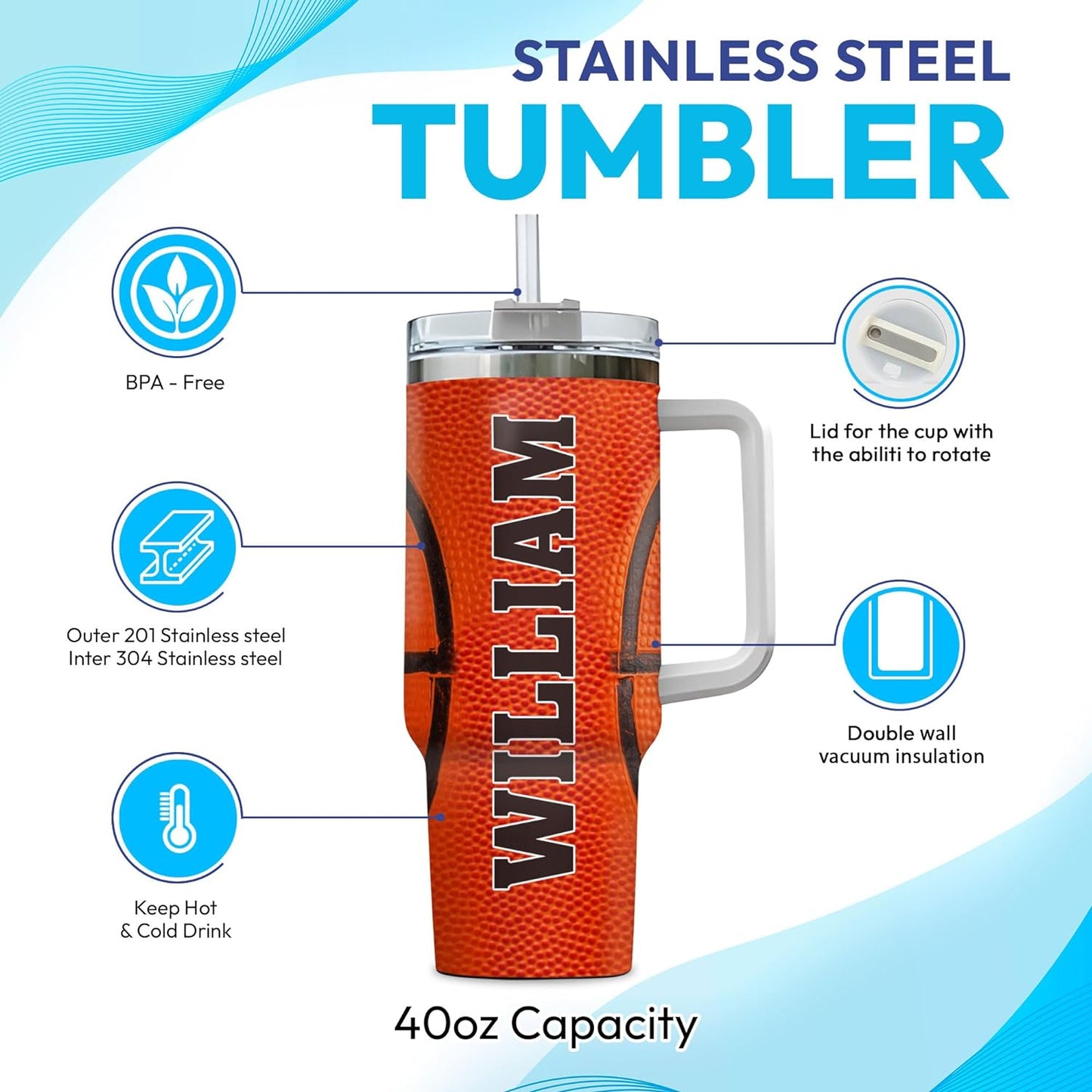 Basketball Texture Tumbler 40oz – Personalized Stainless Steel Insulated Cup with Handle & Straw – Fun Gift for Basketball Players & Fans