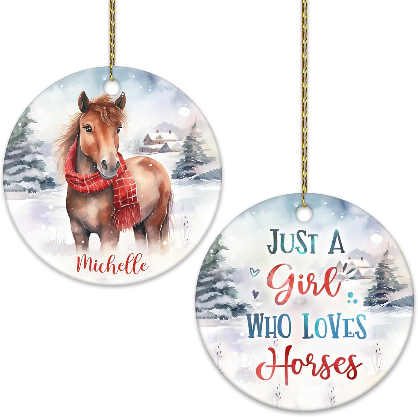 Horse in Snow Scarf Ceramic Circle Ornament – Personalized Christmas Gift for Horse Lover, Rider or Barn Friend