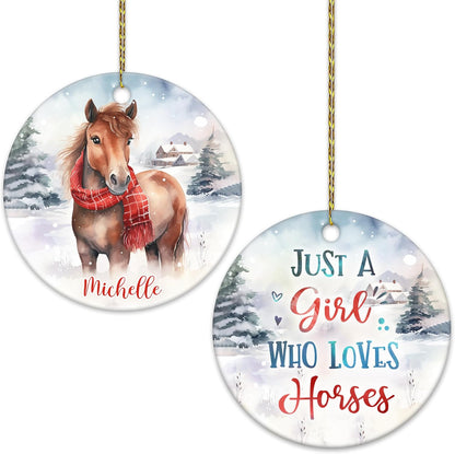 Horse in Snow Scarf Ceramic Circle Ornament – Personalized Christmas Gift for Horse Lover, Rider or Barn Friend