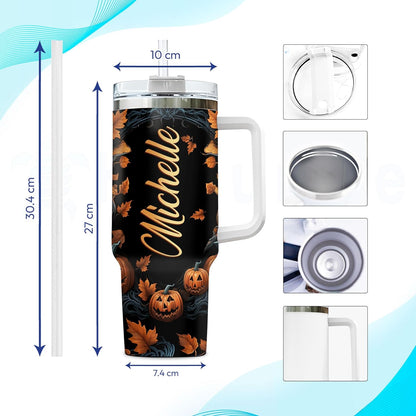 Halloween Owl Tumbler 40oz with Handle & Straw – Personalized Stainless Steel Insulated Cup with Lid – Spooky Gift for Owl Lovers
