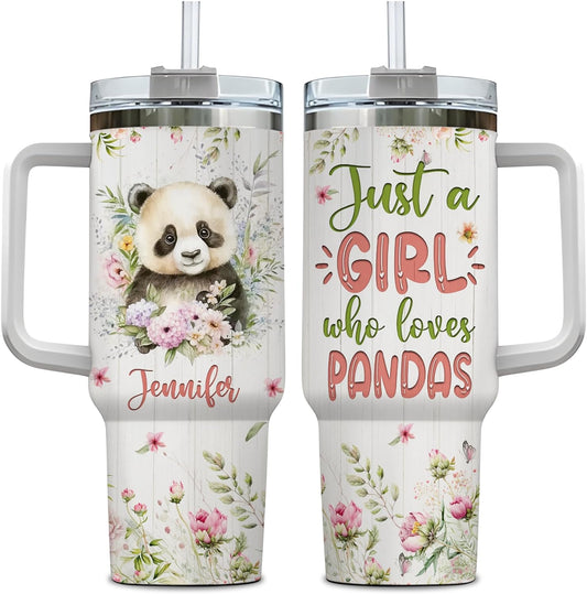 Cute Panda Tumbler 40oz with Handle & Straw – Personalized Stainless Steel Insulated Cup with Lid – Sweet Gift for Animal Lovers