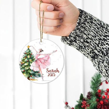 Ballet Dancer by Christmas Tree Ceramic Ornament – Personalized Name Keepsake, Custom Christmas Gift for Ballerina Girl, Dance Student or Teacher
