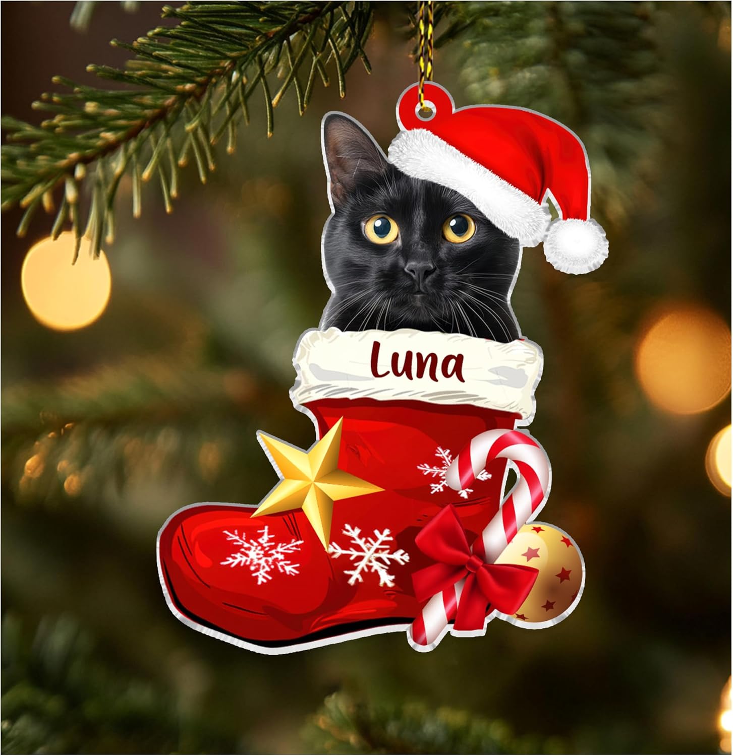 Black cat in Santa stocking cut acrylic ornament – personalized photo style, custom name Christmas gift for cat lover, pet parent or rescue volunteer