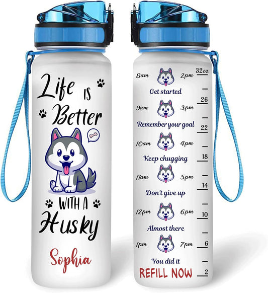 Husky Dog Water Bottle Tracker 32oz – Personalized Motivational Water Hydration Bottle with Time Marker – Gift for Pet Lovers