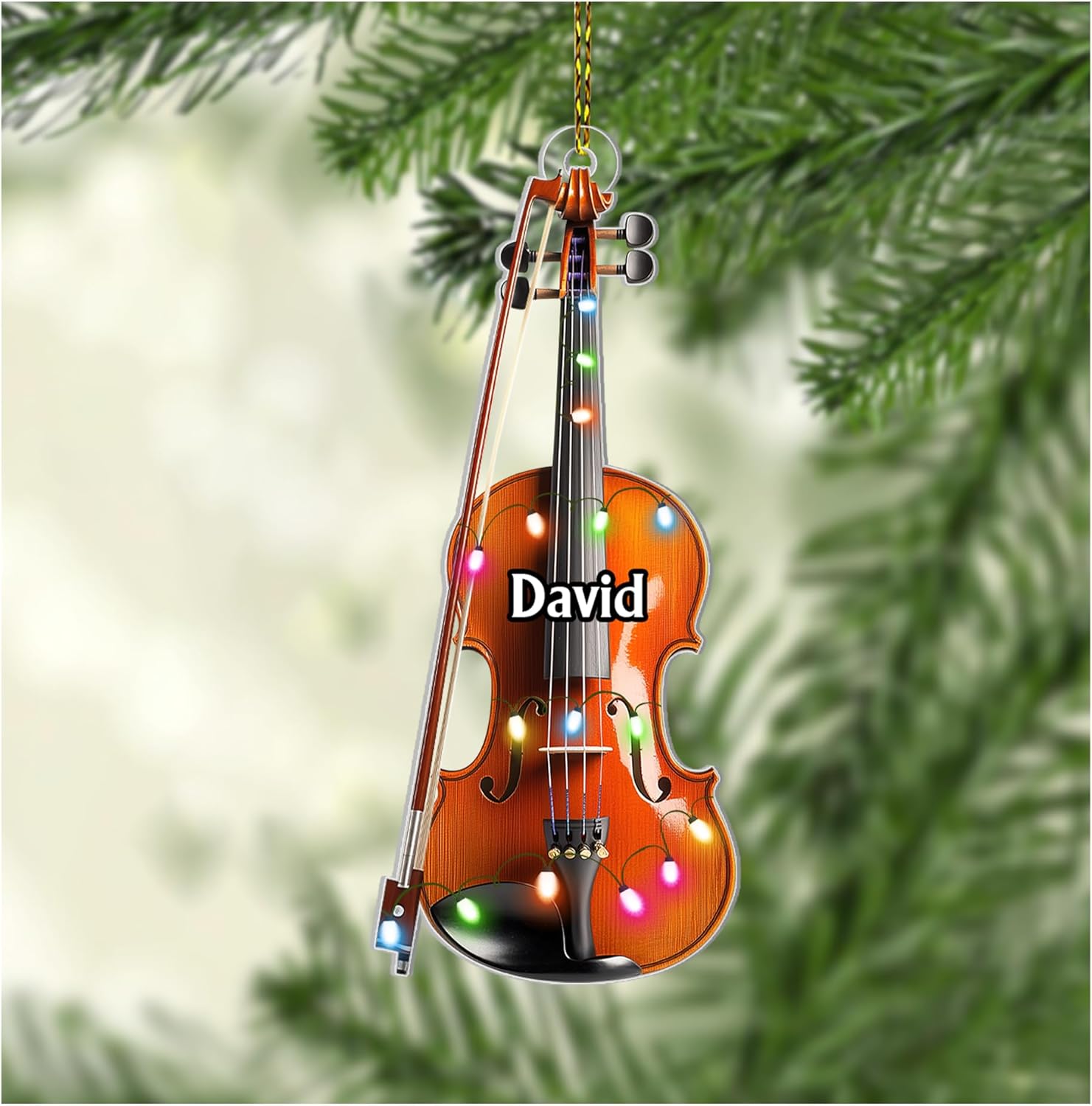 Violin Lights Cut Acrylic Ornament – Personalized 2D Flat Christmas Gift for Musician, Violinist or Teacher, Orchestra and Studio Tree Decor