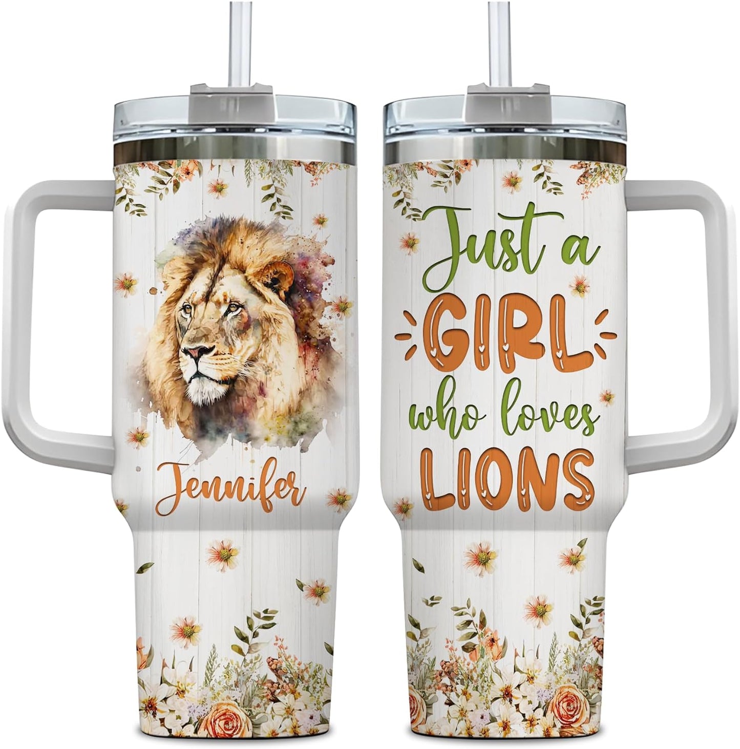 Lion Lover Tumbler 40oz with Handle & Straw – Personalized Stainless Steel Insulated Cup with Lid – Powerful Gift for Animal Lovers