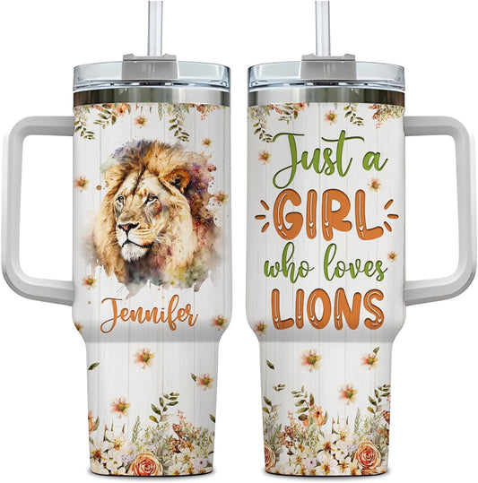 Lion Lover Tumbler 40oz with Handle & Straw – Personalized Stainless Steel Insulated Cup with Lid – Powerful Gift for Animal Lovers