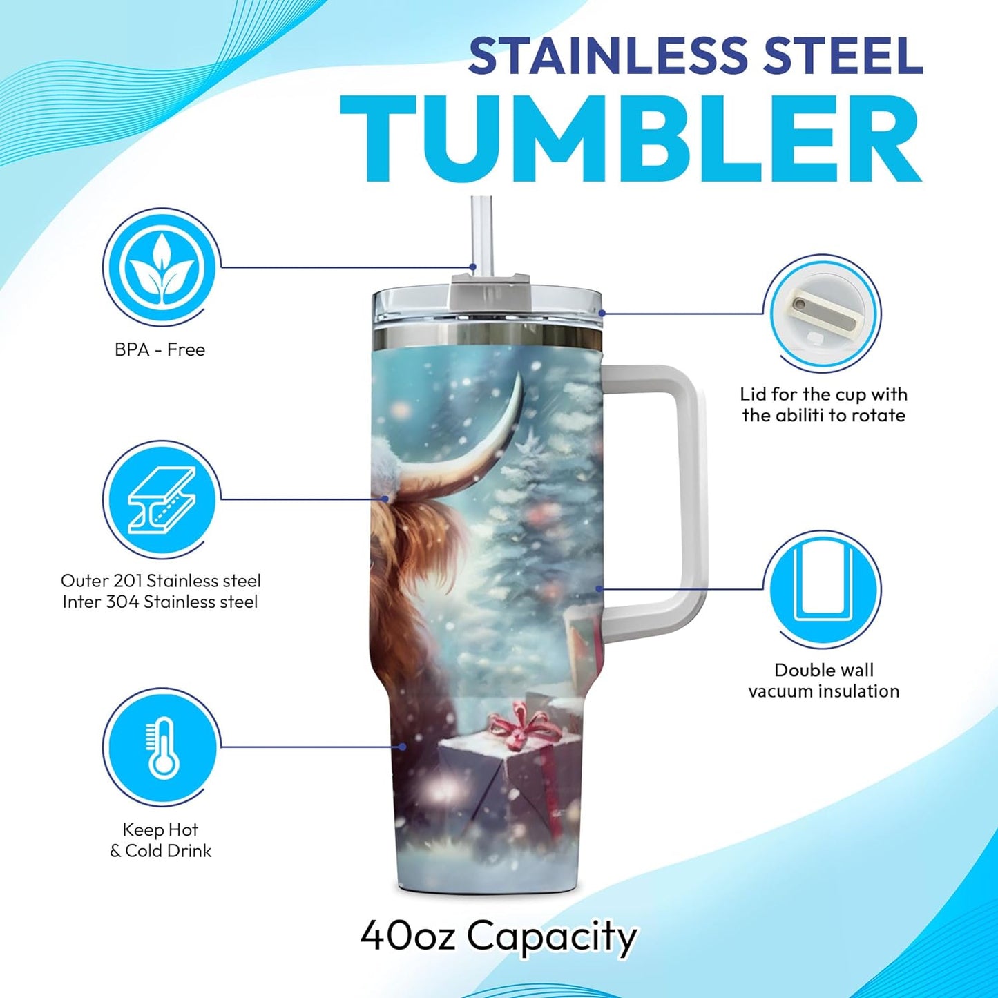 Christmas Highland Cow Tumbler 40oz with Handle & Straw – Personalized Stainless Steel Insulated Cup with Lid – Festive Gift for Cow Lovers