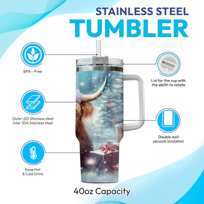 Christmas Highland Cow Tumbler 40oz with Handle & Straw – Personalized Stainless Steel Insulated Cup with Lid – Festive Gift for Cow Lovers