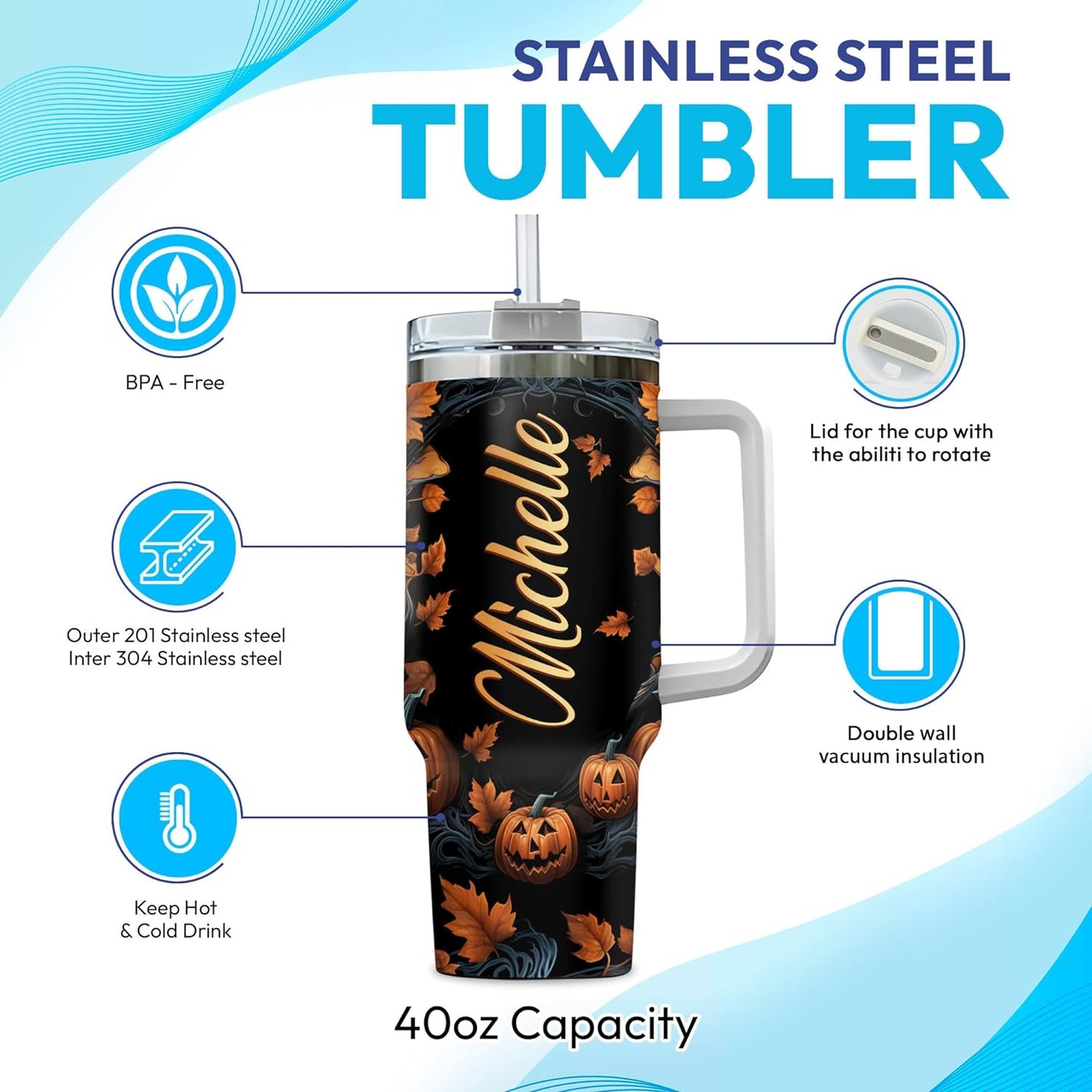 Halloween Owl Tumbler 40oz with Handle & Straw – Personalized Stainless Steel Insulated Cup with Lid – Spooky Gift for Owl Lovers