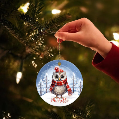 Owl in Scarf Winter Scene Ceramic Ornament – Personalized Custom Name Circle Keepsake, Christmas or Birthday Gift for Owl Lover Women