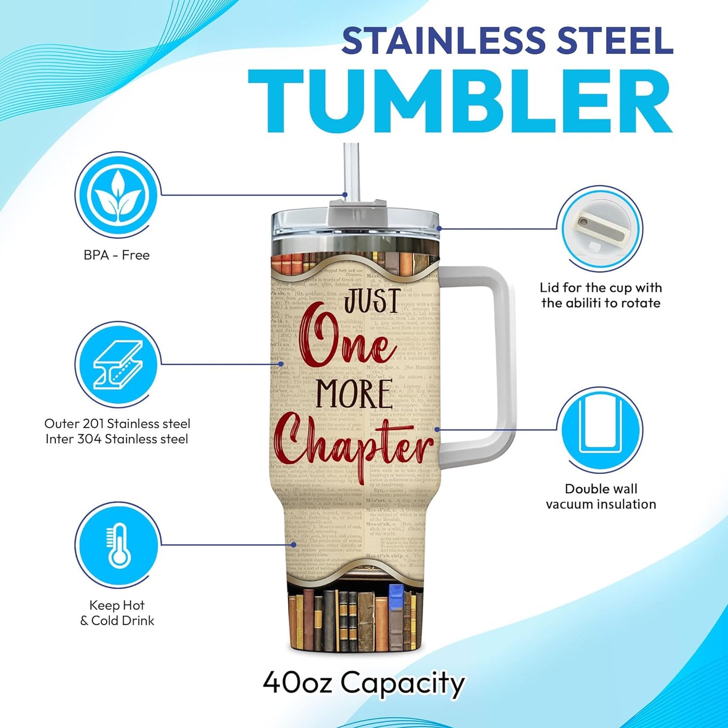 Book Lover Reading Tumbler 40oz with Handle & Straw – Personalized Stainless Steel Travel Cup with Lid – Unique Gift for Readers