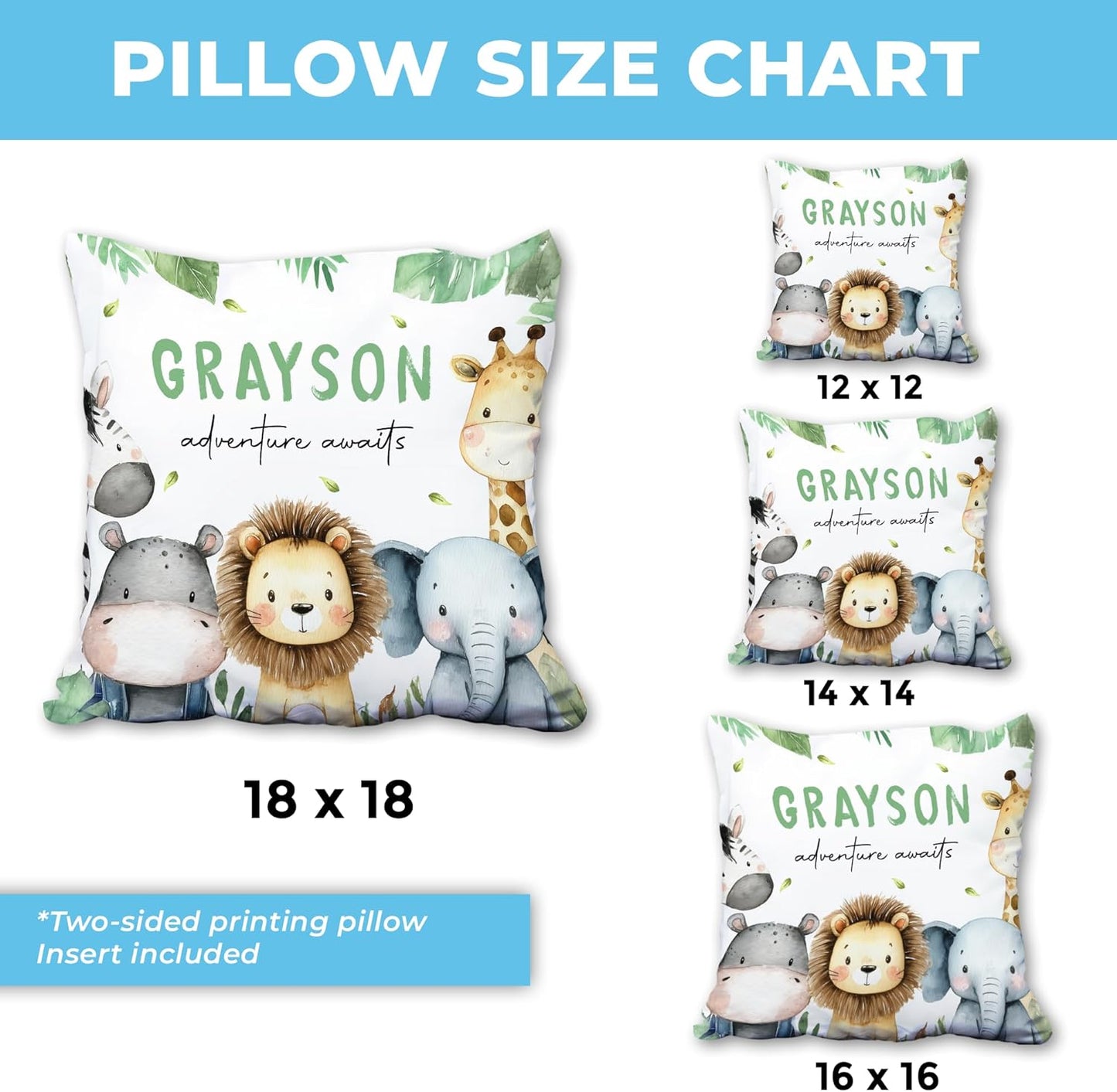 Safari Adventure Personalized Nursery Pillow with Insert – Custom Name Baby Animal Cushion – Adorable Gift for Baby Boy or Girl