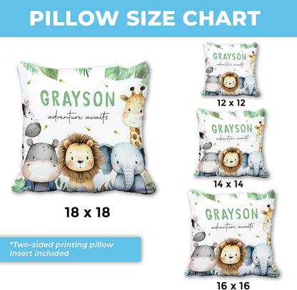 Safari Adventure Personalized Nursery Pillow with Insert – Custom Name Baby Animal Cushion – Adorable Gift for Baby Boy or Girl