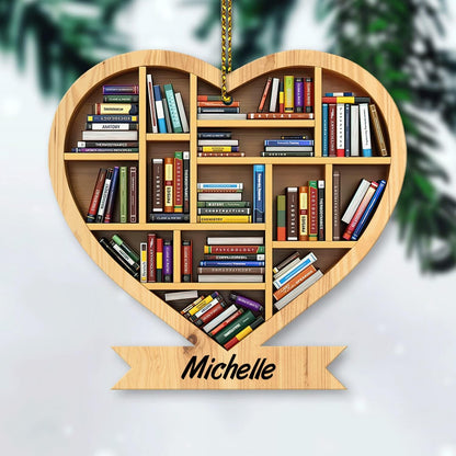 Heart-Shaped Bookshelf Wood Ornament – Personalized Christmas Gift for Librarian, Teacher, or Book Lover