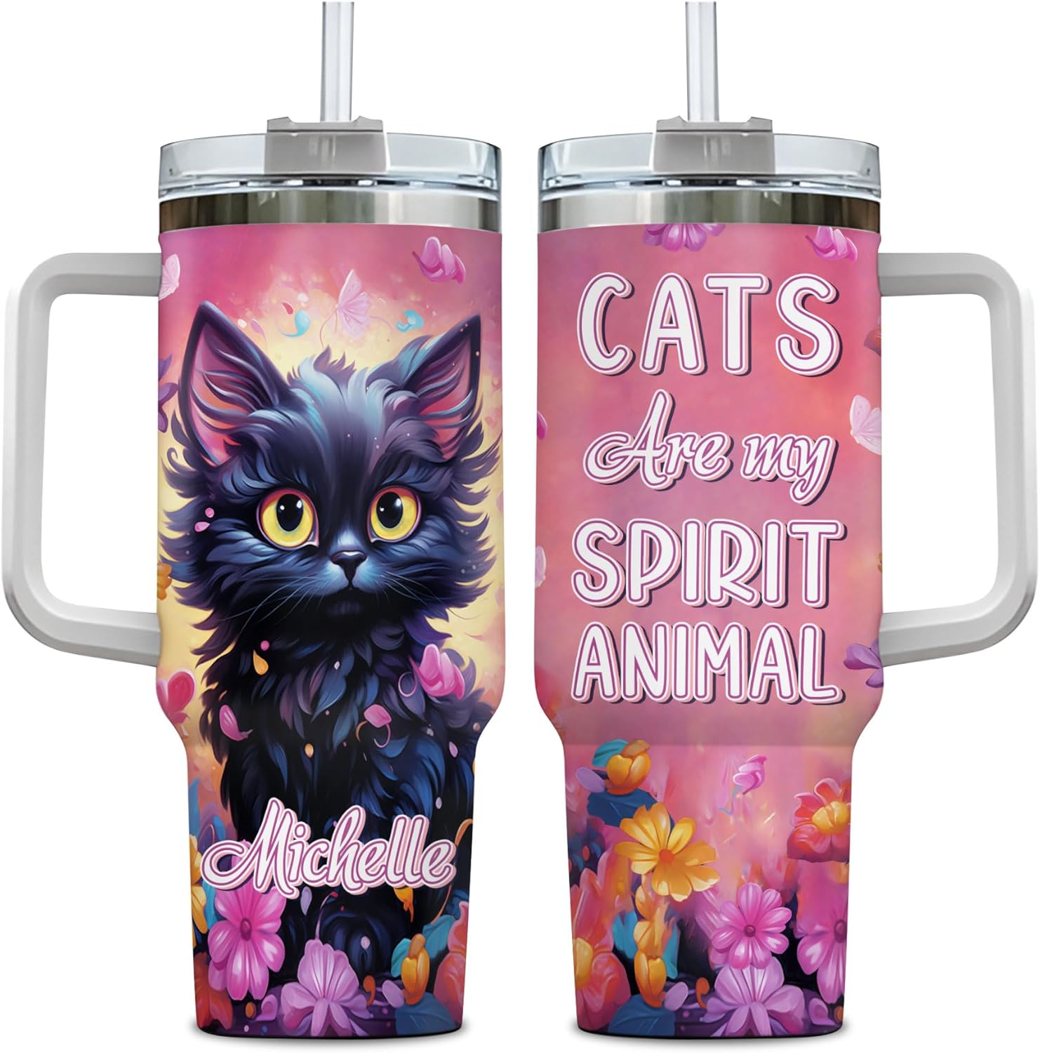Black Cat Lover Tumbler 40oz with Handle & Straw – Personalized Stainless Steel Insulated Travel Cup with Lid – Cute Birthday & Christmas Gift for Cat Lovers