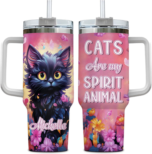 Black Cat Lover Tumbler 40oz with Handle & Straw – Personalized Stainless Steel Insulated Travel Cup with Lid – Cute Birthday & Christmas Gift for Cat Lovers