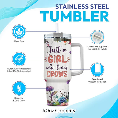 Crow Lover Tumbler 40oz with Handle & Straw – Personalized Stainless Steel Insulated Cup with Lid – Gothic Stylish Gift for Bird Lovers
