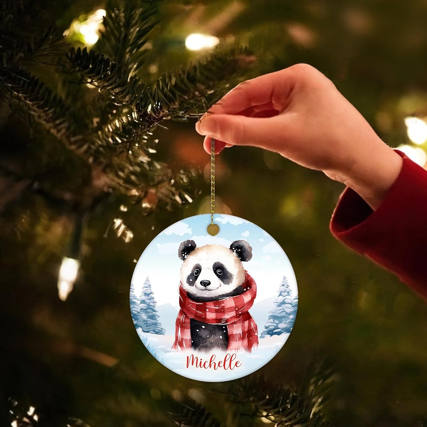 Panda Winter Scarf Ceramic Circle Ornament – Personalized Christmas Gift for Panda Lover, Cute Animal Tree Decor Keepsake for Her