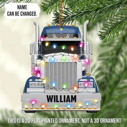 Blue Truck Christmas Light Cut Acrylic Ornament – Personalized Trucker Gift for Men, Husband, or Coworker