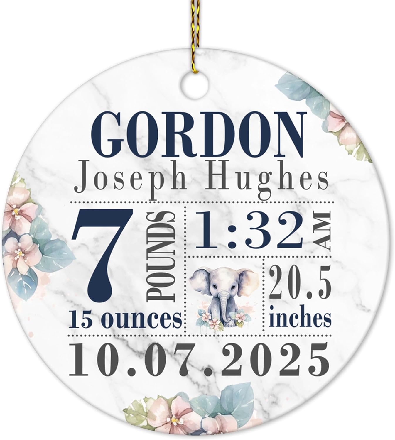 Baby Boy Birth Stats Ceramic Ornament – Personalized Elephant Design Christmas Keepsake for New Parents, Family and Godparents