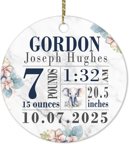 Baby Boy Birth Stats Ceramic Ornament – Personalized Elephant Design Christmas Keepsake for New Parents, Family and Godparents