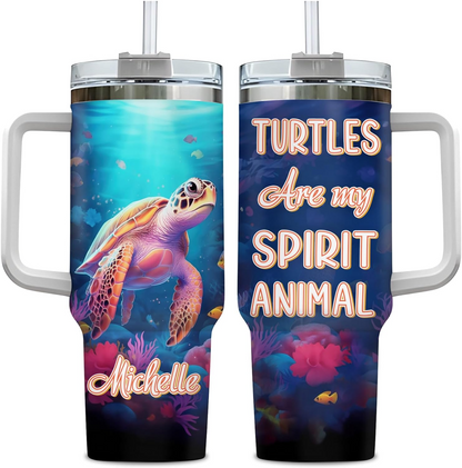 Sea Turtle Lover Tumbler 40oz with Handle & Straw – Personalized Stainless Steel Cup with Lid – Unique Gift for Ocean & Animal Lovers