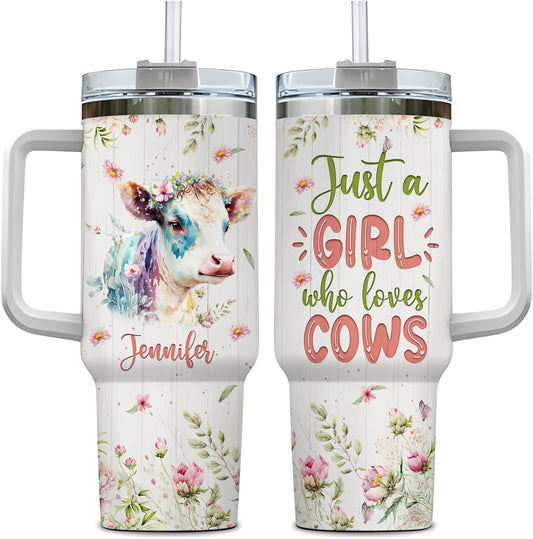 Cow Lover Tumbler 40oz – Personalized Stainless Steel Insulated Travel Cup with Handle & Straw – Farm Animal Gift for Women & Girls