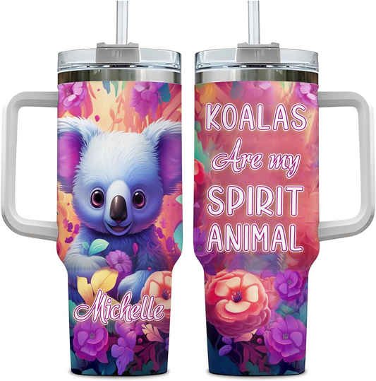Koala Lover Tumbler 40oz with Handle & Straw – Personalized Stainless Steel Insulated Travel Cup with Lid – Cute Birthday Gift for Animal Lovers