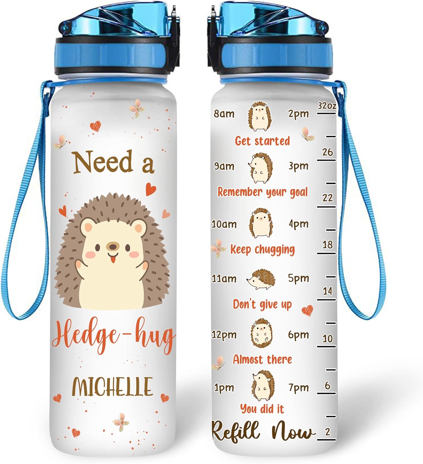 Hedgehog Hug Water Bottle Tracker 32oz – Personalized Motivational Water Bottle with Time Marker – Cute Gift for Women