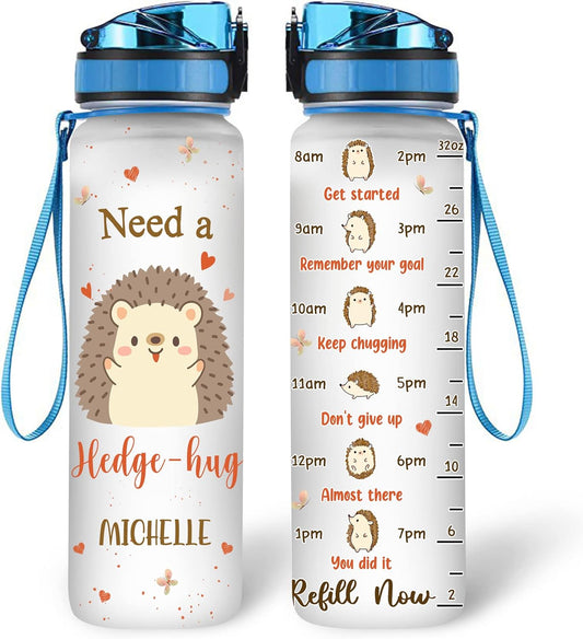 Hedgehog Hug Water Bottle Tracker 32oz – Personalized Motivational Water Bottle with Time Marker – Cute Gift for Women