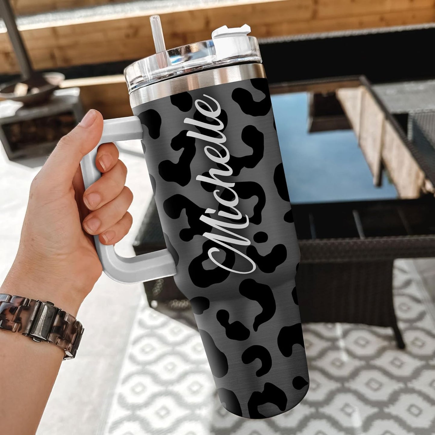Black Leopard Print Tumbler 40oz with Handle & Straw – Personalized Stainless Steel Insulated Cup with Lid – Stylish Gift for Women