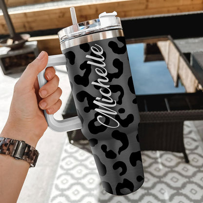 Black Leopard Print Tumbler 40oz with Handle & Straw – Personalized Stainless Steel Insulated Cup with Lid – Stylish Gift for Women