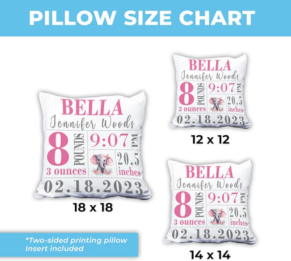 Baby Elephant Birth Stats Personalized Pillow with Insert – Custom Nursery Cushion – New Baby Girl Keepsake Gift for Parents