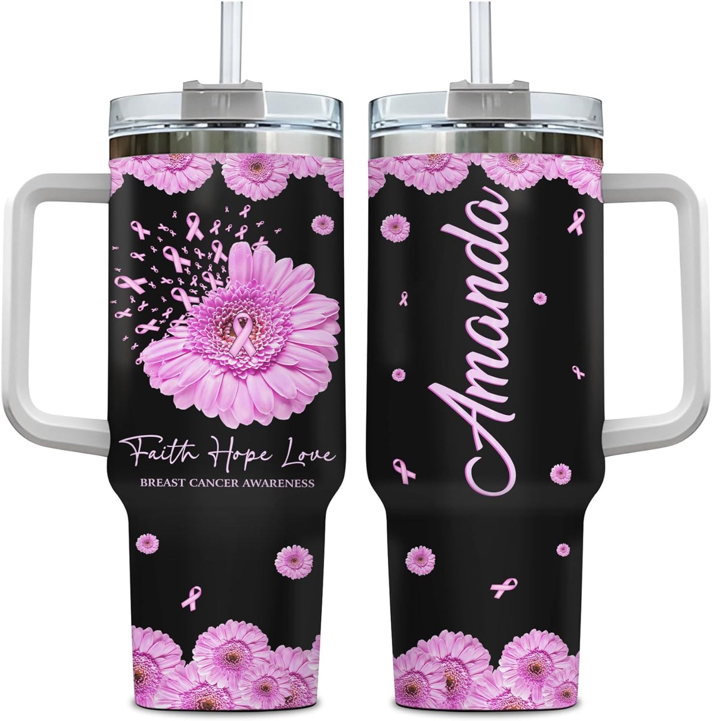 Pink Ribbon Flower Tumbler 40oz – Personalized Stainless Steel Insulated Cup with Handle & Straw – Supportive Gift for Breast Cancer Awareness