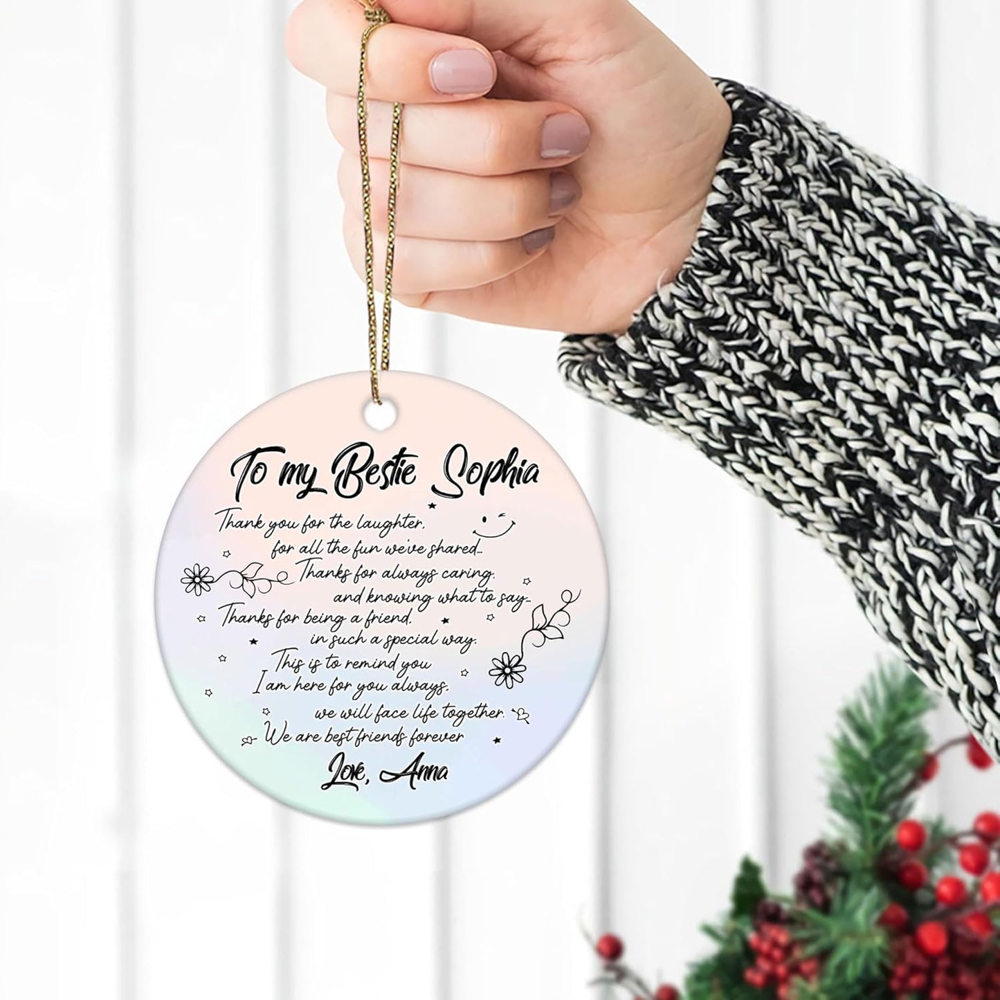 Best Friend Letter Script Ceramic Circle Ornament – Personalized Christmas Gift for Bestie, BFF or Soul Sister with Heartfelt Thank-You Note