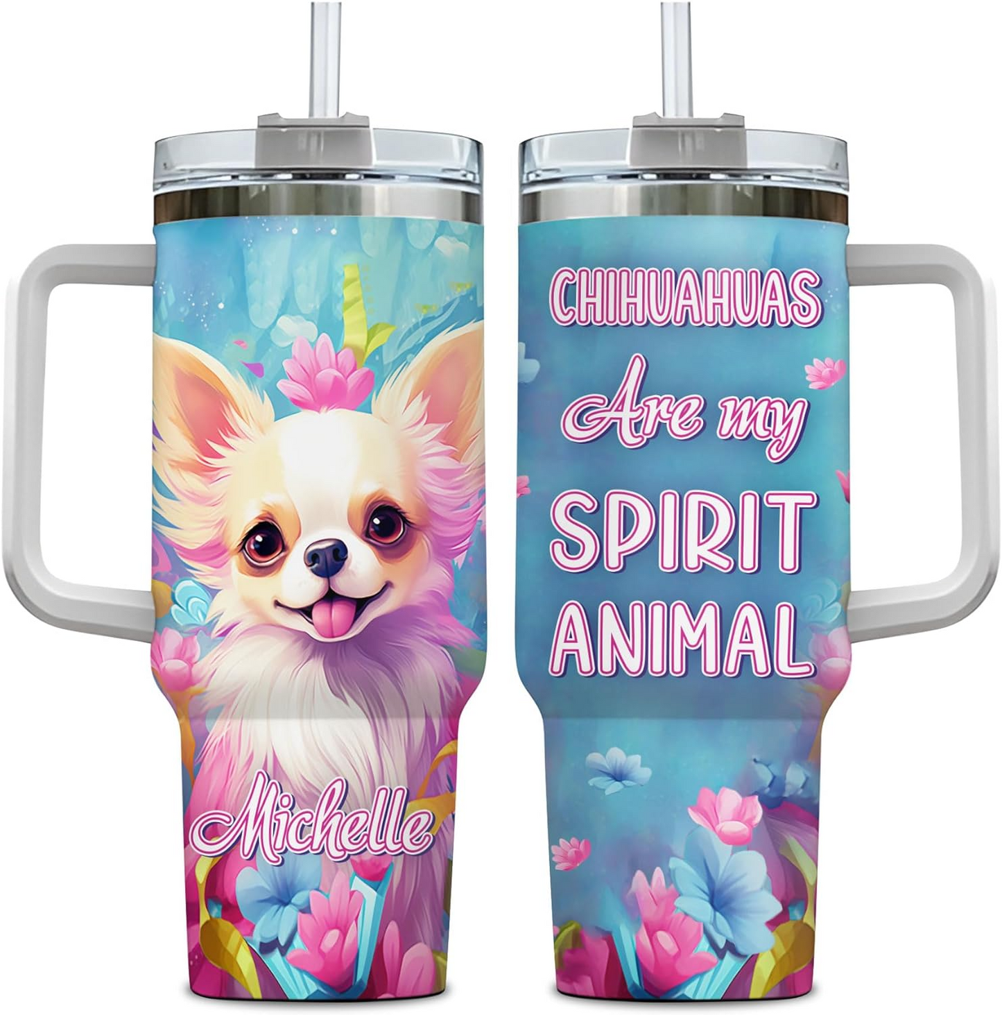 Cute Chihuahua Lover Tumbler 40oz with Handle & Straw – Personalized Stainless Steel Travel Cup with Lid – Stylish Gift for Dog Lovers