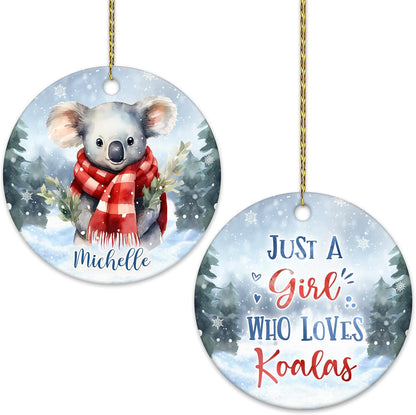 Koala in Scarf Winter Forest Ceramic Circle Ornament – Personalized Christmas Gift for Koala Lover, Wildlife Fan or Nature-Themed Decor