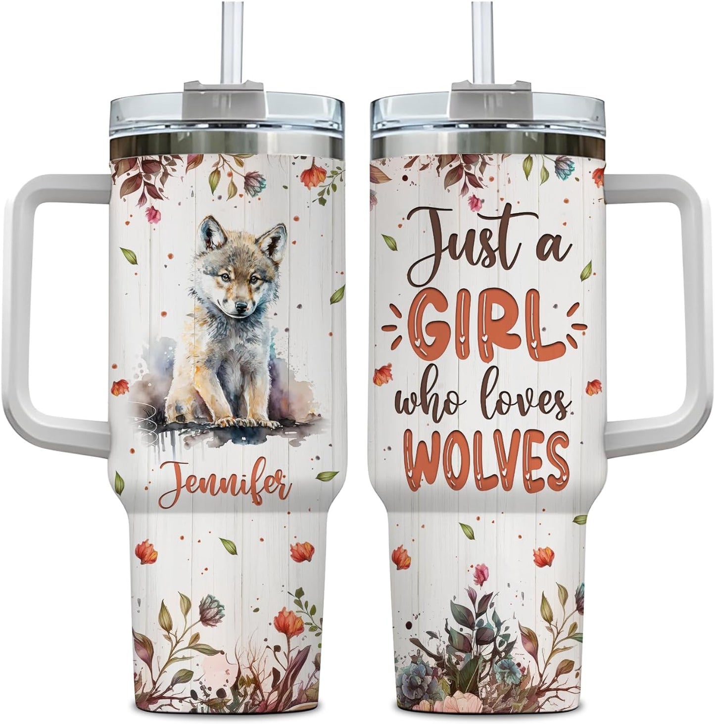 Wolf Lover Tumbler 40oz with Handle & Straw – Personalized Stainless Steel Insulated Travel Cup with Lid – Bold Gift for Wildlife Enthusiasts