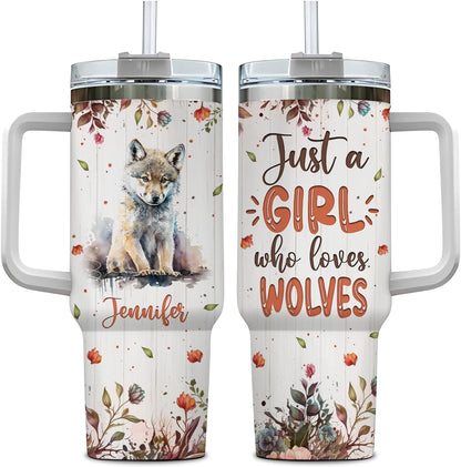 Wolf Lover Tumbler 40oz with Handle & Straw – Personalized Stainless Steel Insulated Travel Cup with Lid – Bold Gift for Wildlife Enthusiasts