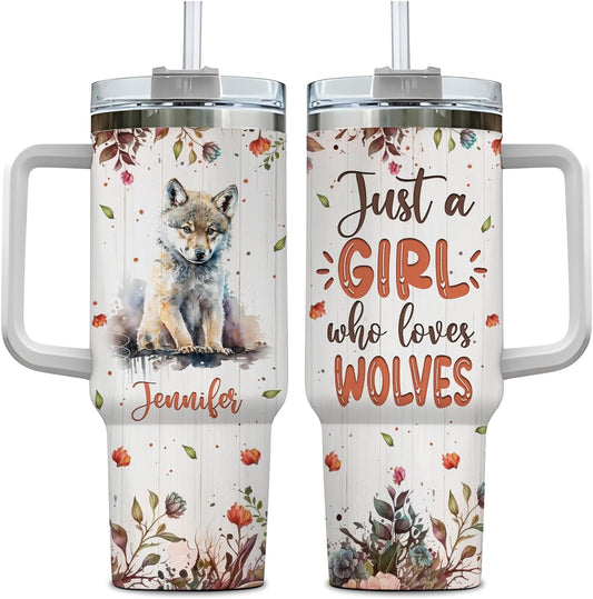 Wolf Lover Tumbler 40oz with Handle & Straw – Personalized Stainless Steel Insulated Travel Cup with Lid – Bold Gift for Wildlife Enthusiasts