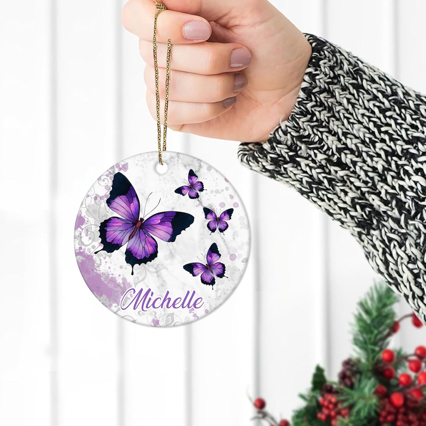 Purple Butterflies Ceramic Ornament – Personalized Christmas Gift for Butterfly Lover, Daughter, Mom or Best Friend
