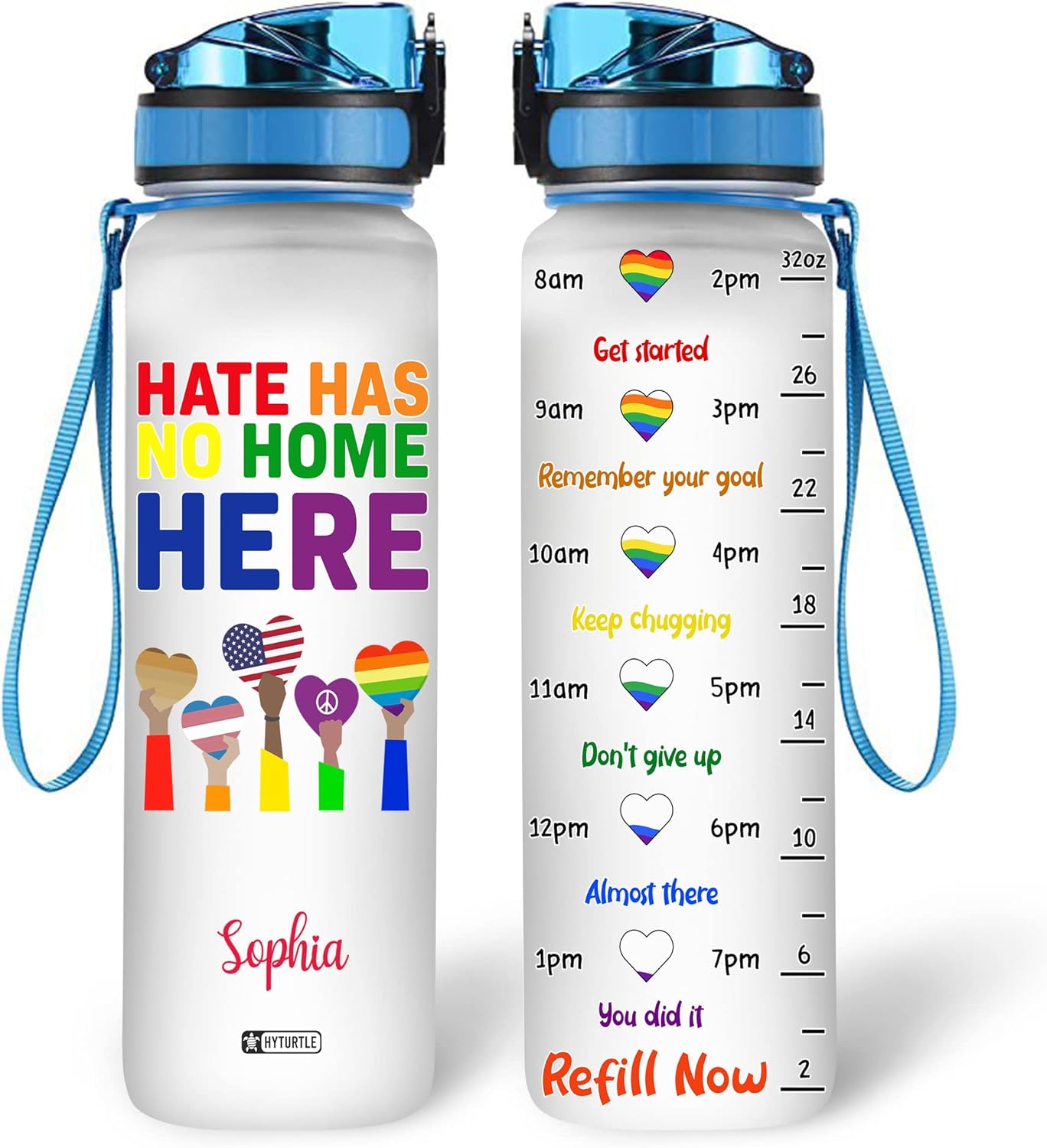 Pride Rainbow Water Bottle Tracker 32oz – Personalized Hydration Bottle with Time Marker – Meaningful Gift for LGBT Supporters