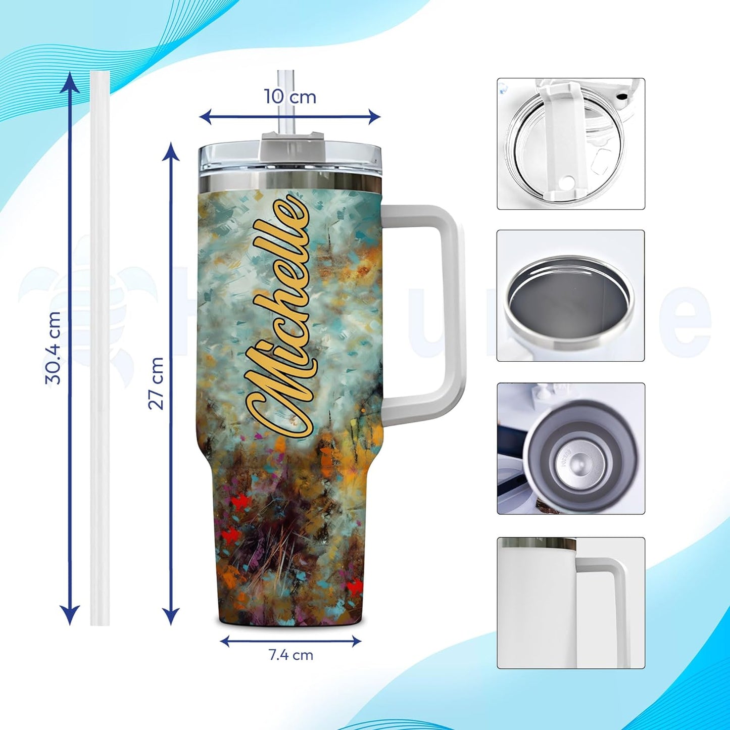 Highland Cow Art Tumbler 40oz – Personalized Stainless Steel Insulated Travel Cup with Handle & Straw, Leak-Proof Lid – Creative Gift for Farm Lovers