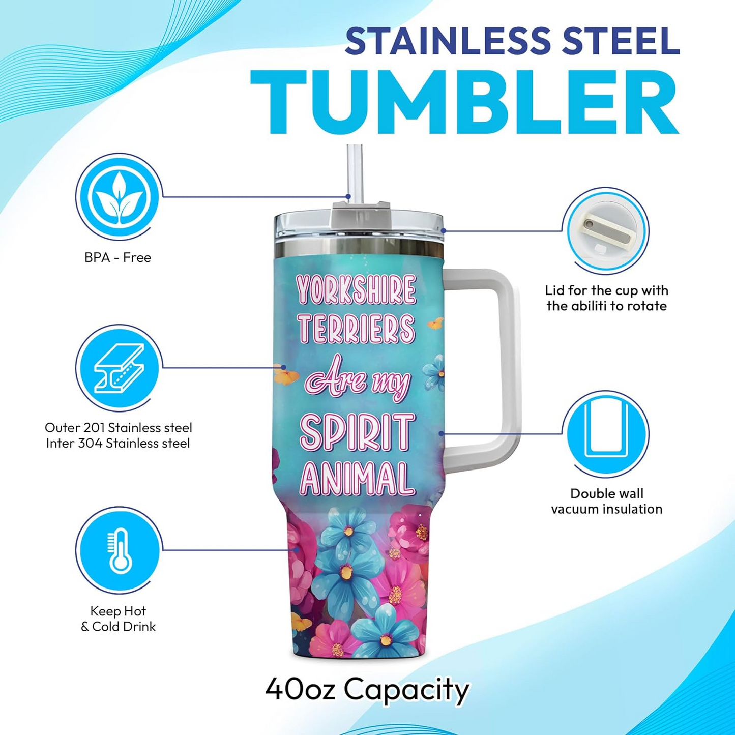 Yorkshire Terrier Lover Tumbler 40oz with Handle & Straw – Personalized Stainless Steel Cup with Lid – Unique Gift for Dog Lovers